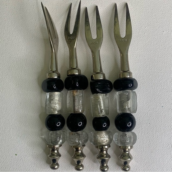 4 Glass Beaded Stainless Steel Forks Appetizers Olives Charcuterie Cocktail Set - Picture 3 of 15